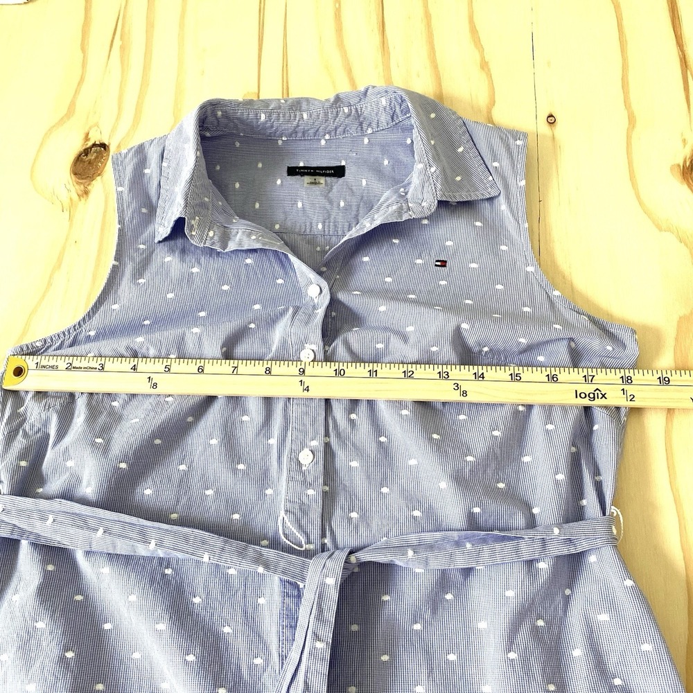 Tommy Hilfiger Blue White Gingham Polka Dot Tie Waist Shirt Dress Size 8 - Picture 11 of 11